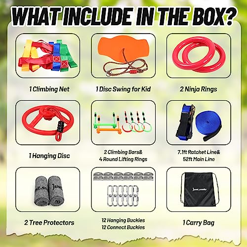 Kids Ninja Warrior Obstacle Course 52ft Slackline with 11 Accessories - Outdoor Climbing & Play Set