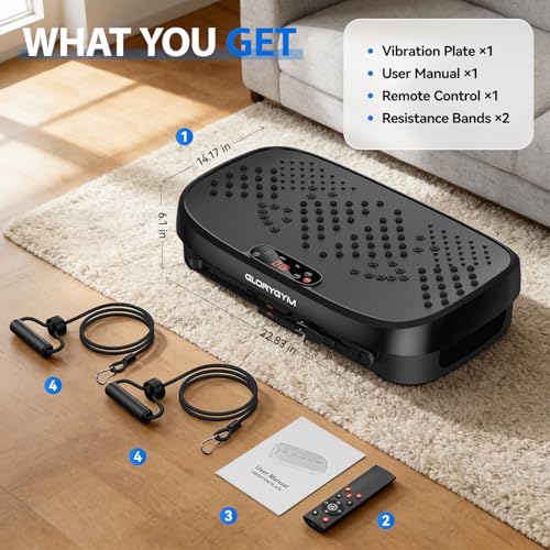 Glorygym Black Large Vibration Plate Exercise Machine for Weight Loss & Full Body Workout with Resistance Bands