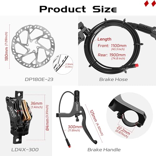 DYISLAND Hydraulic Disc Brake Set for E-Bike 4-Pistons/2-Pistons, 2-PIN/3-PIN, Front 1100mm / Rear 1900mm, Black