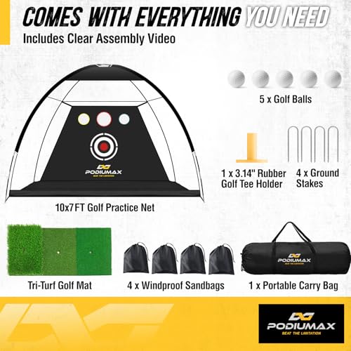 PodiuMax 10x7FT Golf Practice Net with Target and Real Balls for Backyard Swing Training