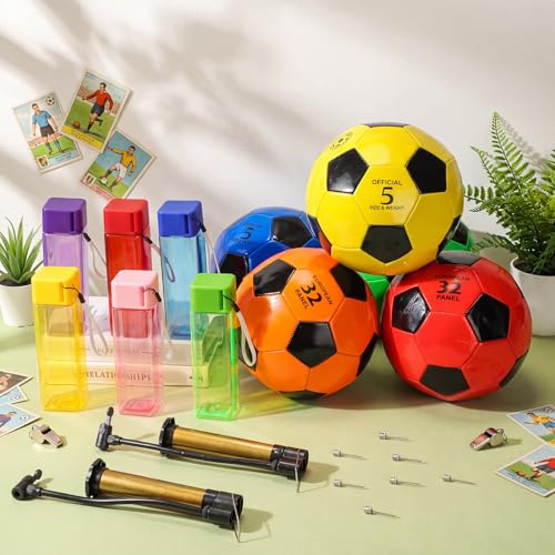 MiniInflat 48 Pcs Mixed Color Soccer Ball Set with Pumps & Water Bottles - Size 5 Deflated Balls for Kids & Teens