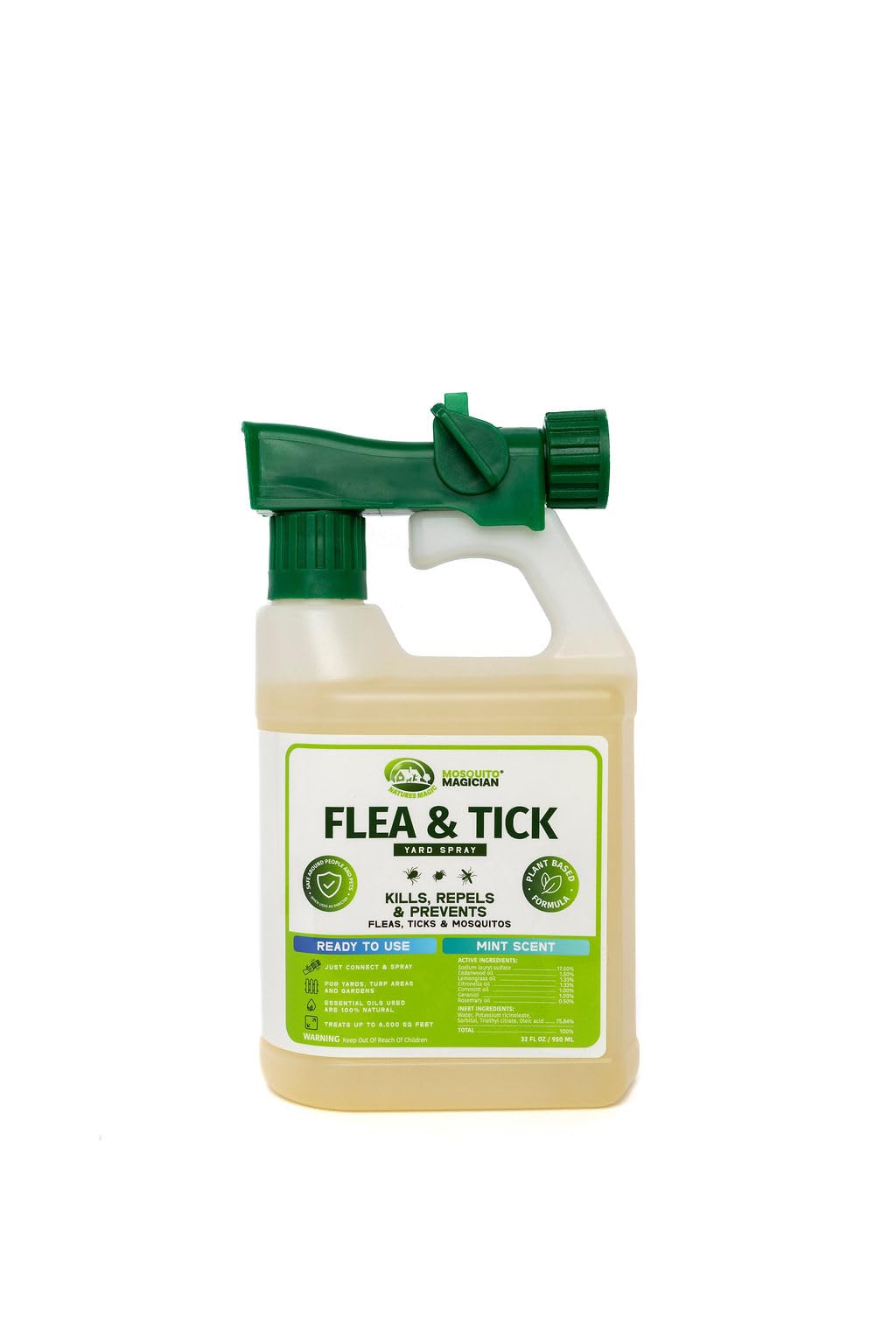 Mosquito Magician Ready to Use Hose Sprayer - Holds 32 Fl Oz of Liquid - Refillable - Kills Mosquitoes, Fleas, and Fire Ants - for Yards, Lawns, Patios - with Essential Oils - Mint