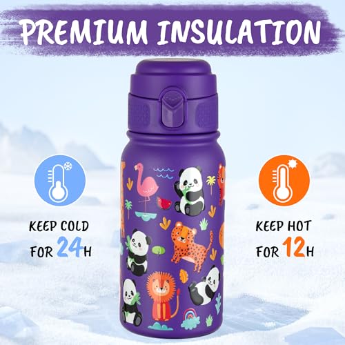 Kids Insulated Water Bottle 12oz Leakproof Drink Container - Purple 350ml