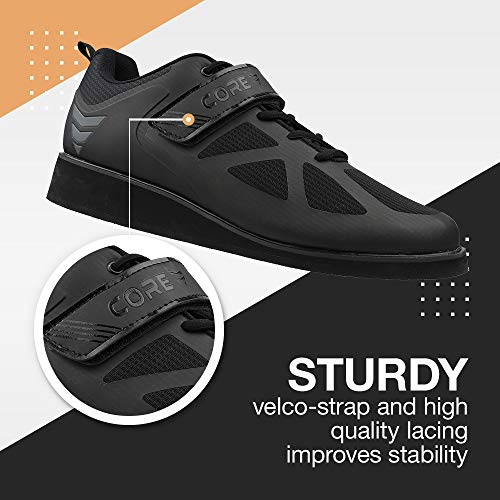CORE Weightlifting Shoes - Squat & Powerlifting Shoes for Men Women 12.5 Women / 11 Men Black