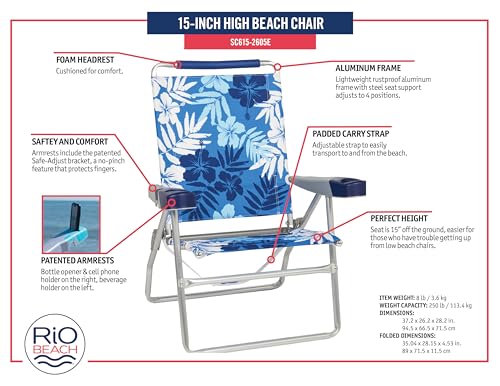 Rio Brands 4-Position Extended-Height Beach Chair Tropical Blue 2-Pack