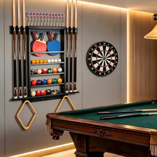 Onemacc 30x3.2x29in Solid Wood Pool Cue Rack & 3-in-1 Billiard, Dart, Table Tennis Storage