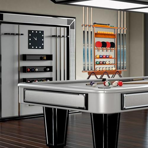 Wall Mount Billiard Cue Rack with Storage for Pool Balls & Accessories