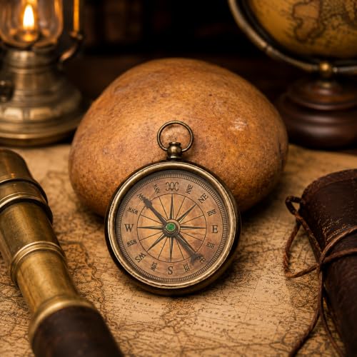 Antique Brass Navigational Compass - Pocket Size Hiking Camping Direction Finder