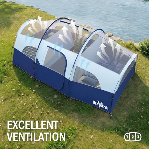 Blue Family Camping Tent for 8 Persons, 3 Rooms, Waterproof with Rainfly