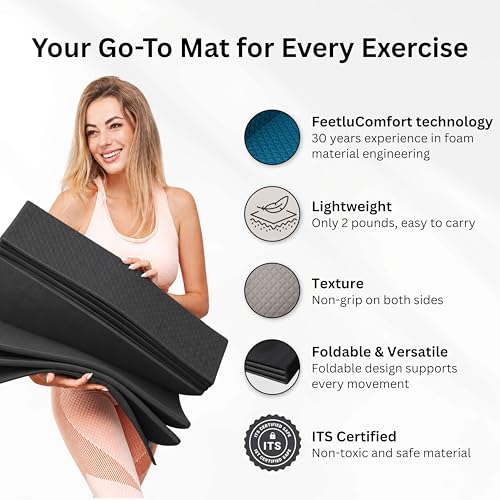 Feetlu Foldable Yoga Mat 72x24 Inches, 6/8/10/12mm Thickness, Black, Home Workout