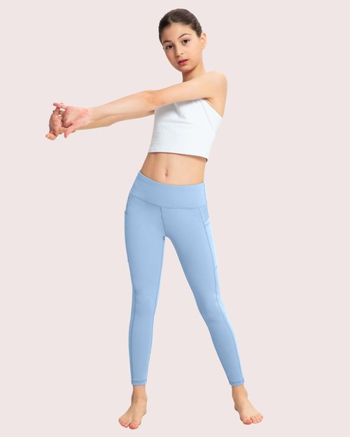 ATHVOTAR Girls Leggings with Pockets: High Waisted Yoga Workout Athletic Dance Running Pants 4 Packs Black/Violet/Pure Blue/Pink L