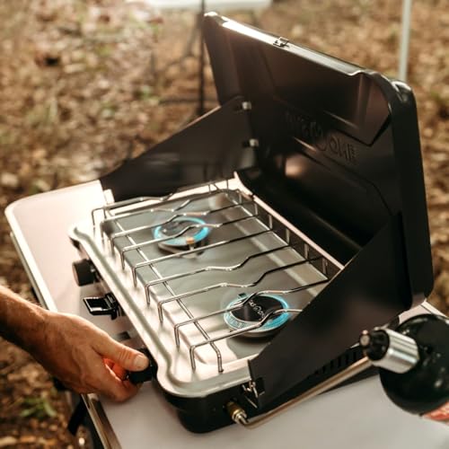 GasOne PS-2500MBA Portable Camping Stove - Double Propane Cooktop with Auto Ignition - Midnight Blue