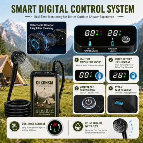 Portable Camping Shower with Heater and Solar Panel - 5 Gallon Water Bucket