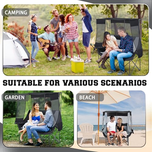 Teenyyou Double Camping Chair with Canopy Black and Grey - Heavy Duty 660lbs