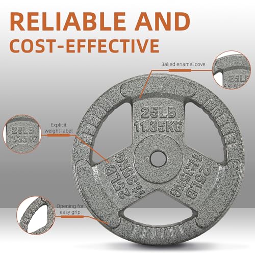 Fitvids 1 Inch Standard Weight Plates, 2x 25 LB Plates for Home Gym Strength Training, Triple-handle Design