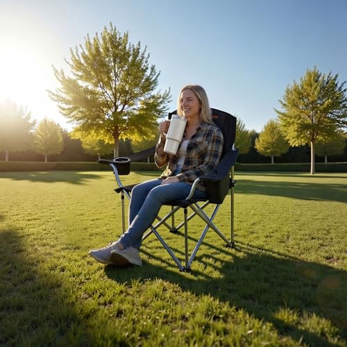 VEVOR 2 Pack Oversized Heavy Duty Camping Folding Chairs with Lumbar Support, Cooler Bag & Side Pockets