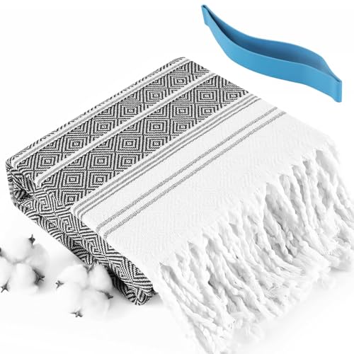 Oversized Turkish Cotton Beach Towel Set - Sand Free Quick Dry Blanket with Stripe - Brown Stuff