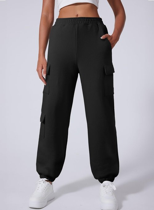 Aleumdr Cargo Sweatpants for Women Joggers Baggy Sweat Fall Pants 2025 Athletic Cotton High Waisted Fleece Lined Casual Pants with Pockets Black Medium