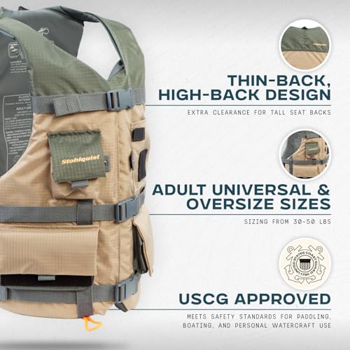 Stohlquist Fisherman Lifejacket - Universal (30-52 inch Chest), Khaki, PFD for Kayak Fishing & Boating