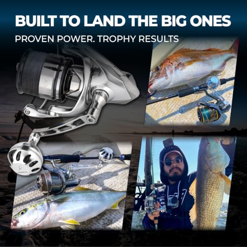 GOMEXUS CNC Silver Black Power Handle for Shimano Spinning Reels, 70mm Long Crank, Premium Bearings