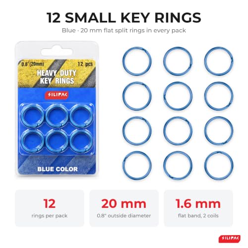 Blue 0.8 in Heavy Duty Small Key Rings Bulk 12 pcs – Split Keychain Rings for Crafts, Pet Collar & Keys