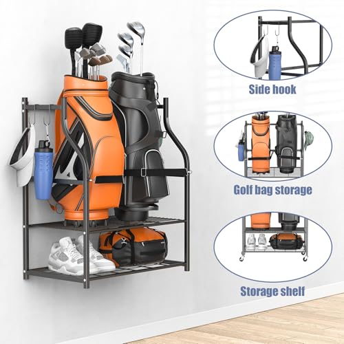 WALMANN Wall-Mounted Golf Bag Organizer with Rolling Storage Rack, Steel Frame