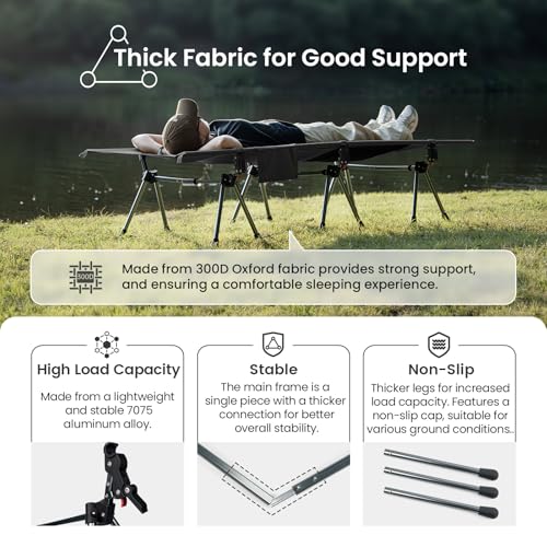 ONETIGRIS Supranubis Camping Cot Black - Height Adjustable Lightweight Folding Bed for Hiking, Travel, Beach, Office Nap