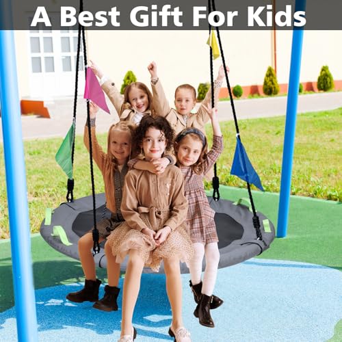 Gray 48 Inch Tree Swing for Family Outdoor Play - Heavy Duty Saucer Swing with Adjustable Straps