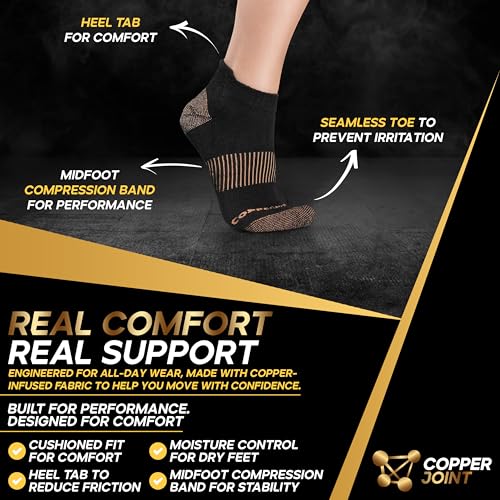 CopperJoint Short Cushioned Socks for Men and Women 3 Pairs - Large X-Large Black and Tan