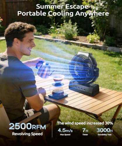 Black Large Portable Camping Fan with 20000mAh Power Bank & Light