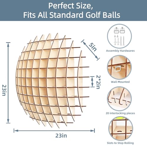 KBKJYYGS Wooden Golf Ball Display Case - Holds 78 Balls, Wall Mountable, Unique Ball-Shaped Design