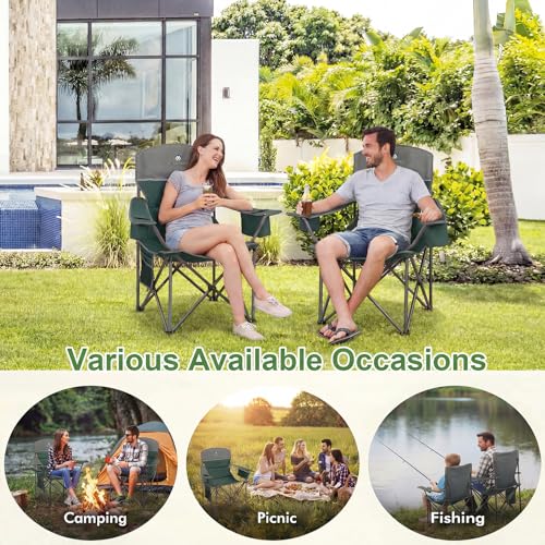 Dark Green Oversized Camping Chairs 2 Pack with Cooler, Cup Holders & Padded Seats