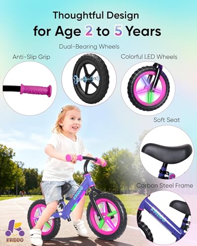 KRIDDO LED Purple Toddler Balance Bike for 2-5 Year Olds – Adjustable & Multi-Terrain
