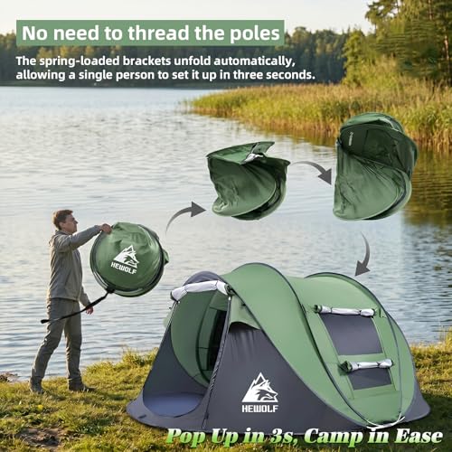 HEWOLF 4-Person Pop Up Camping Tent - Instant Waterproof Family Tent, Easy Setup, Mosquito Mesh, Green