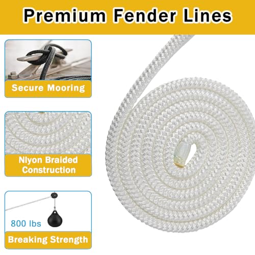 Marine Nylon Fender Lines 3/8" x 6' - White Boat Docking Ropes, Reinforced Eye Loop