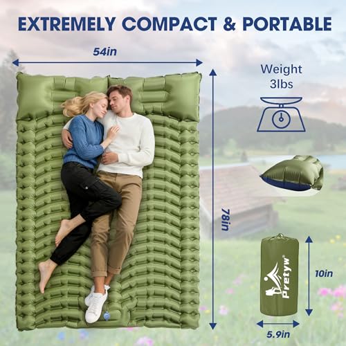 Olive Green Double Camping Sleeping Pad with Pillow & Built-in Foot Pump - 4 Inch Thick