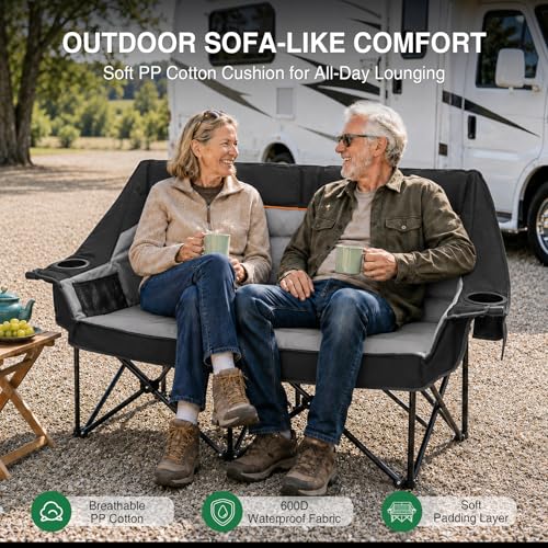 HOPERAN Double Camping Chair 660lb Oversized Folding Loveseat Black Grey