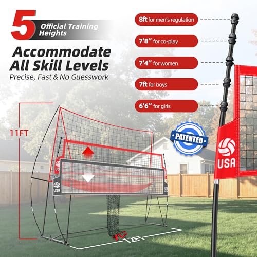 JOLORLY 12x11 ft Red Volleyball Practice Net Station - Adjustable Height, Backyard Training System