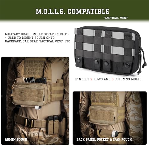 Black Tactical Molle Admin Pouch Utility EDC Tool Bag with US Flag Patch & D-Ring - Size L