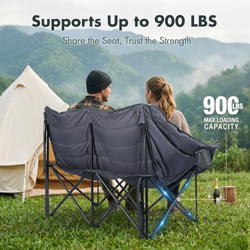 Blue Oversized Double Camping Chair, Heavy-Duty Folding Loveseat for Outdoor