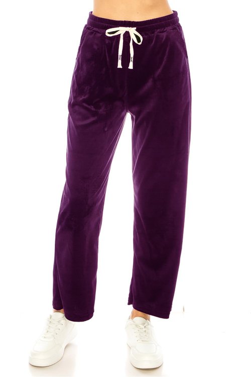 LA12ST Women's Elastic Waist Velour Loose Wide Leg Pants Long Palazzo Casual Flare Jogger with Pockets Purple