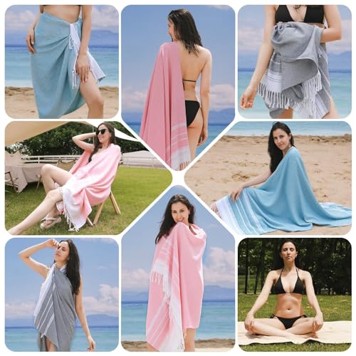 Oversized Turkish Cotton Beach Towel Set - Sand Free Quick Dry Blanket with Stripe - Brown Stuff
