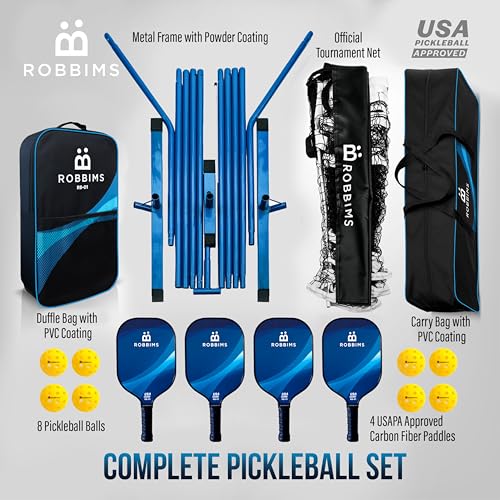 Pickleball Set with Net and Paddles - 4 USA Approved Carbon Fiber Paddles, Portable Regulation Net & Outdoor Balls
