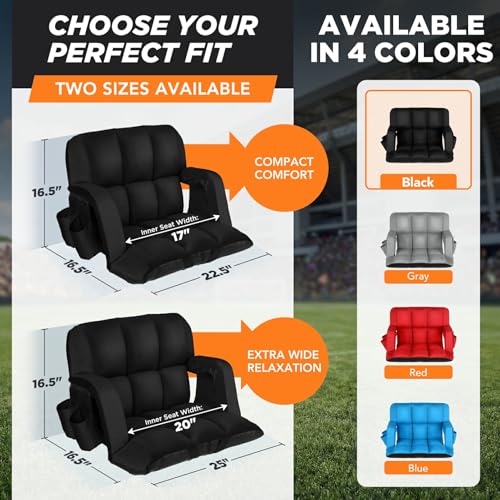 Extra Wide Stadium Seat with Back Support & Reclining Positions - Black 25"