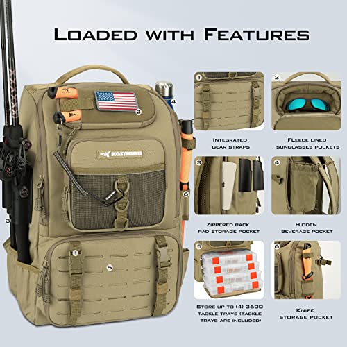 Large 40L Water-Resistant Fishing Tackle Backpack with Rod Holder and 4 Boxes - Khaki
