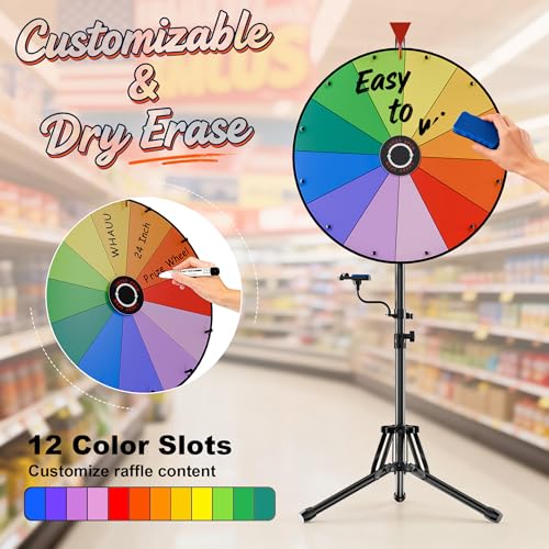 WHAUU 24-Inch Prize Wheel Spinner with Tripod Stand - Black, Adjustable Height