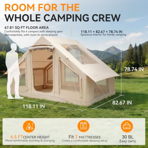 Inflatable Camping Tent 4-6 Person, 5-Minute Setup, 68.7 Sq Ft, Waterproof, Skylight - Wixeeua