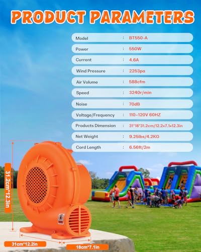 Inflatable Bounce House Blower 550W/0.75HP Portable Air Pump for Water Slides & Decorations