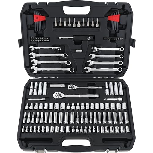 Amazon Basics 145-Piece Mechanic's Socket Tool Set with Case - Black & Silver, Metric Sizes