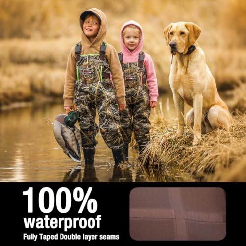 Kids Waterproof Chest Waders - 4.5mm Neoprene Youth Fishing & Outdoor Wear - Green, 8/9 Big Kid / Next Camo Evo